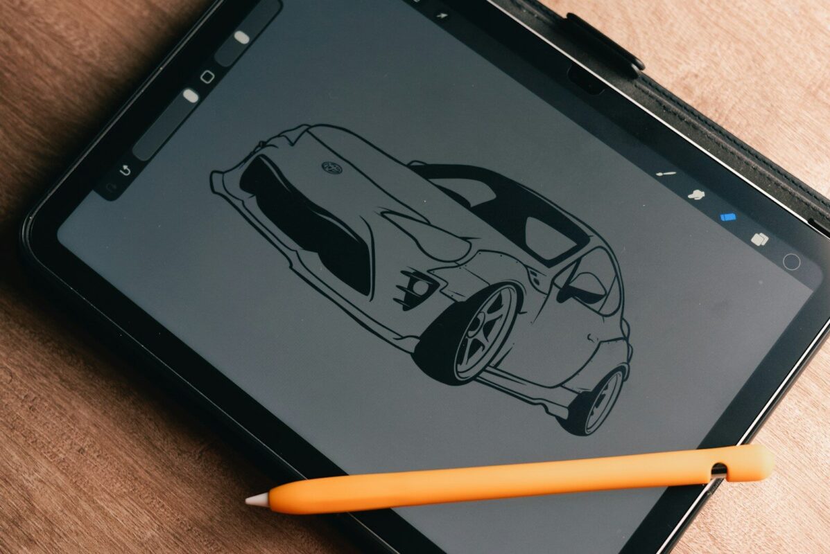 Digital sketch of a sports car on a tablet