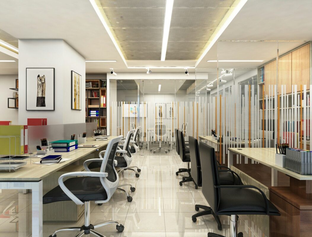 Modern office interior with desks and chairs